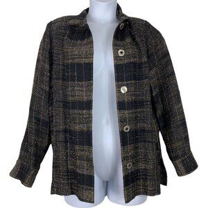 Barbara Perry Shirt Jacket Button Up Shoulder Pads Woven Plaid Black Size Large